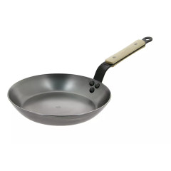 Poêle Wok En Fer Forgé Main 24 Cm Avec Couvercle En Bois Et Pelle - Compatible Induction, Gaz, électrique - Fond Plat