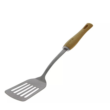 Spatule perforée en inox avec manche en bois ciré