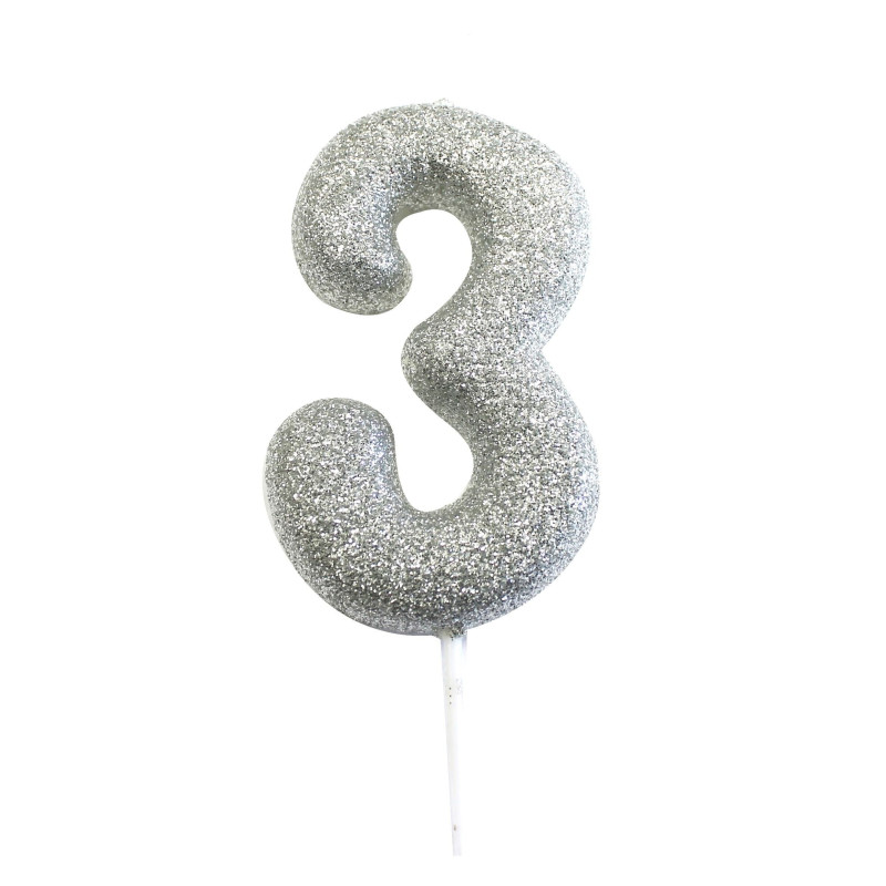 Bougie anniversaire argentée Chiffre 3 - Anniversary House