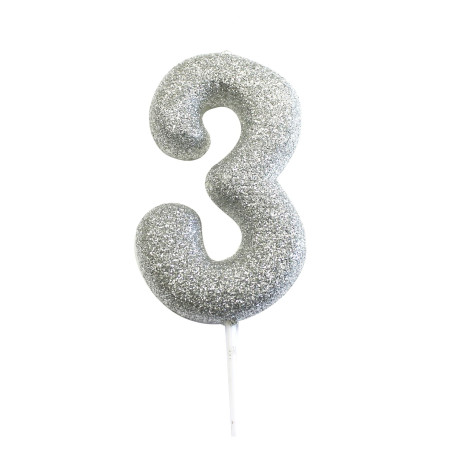 Bougie anniversaire argentée Chiffre 3 - Anniversary House