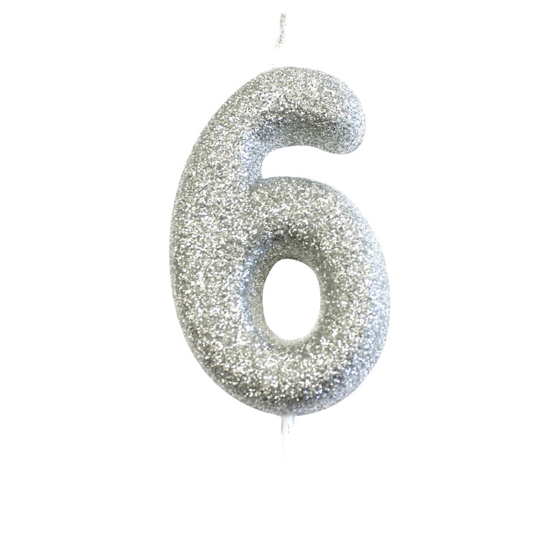 Bougie anniversaire argentée Chiffre 6 - Anniversary House