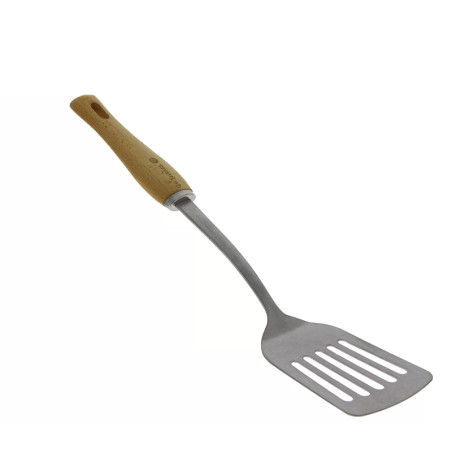 Spatule perforée en inox avec manche en bois ciré