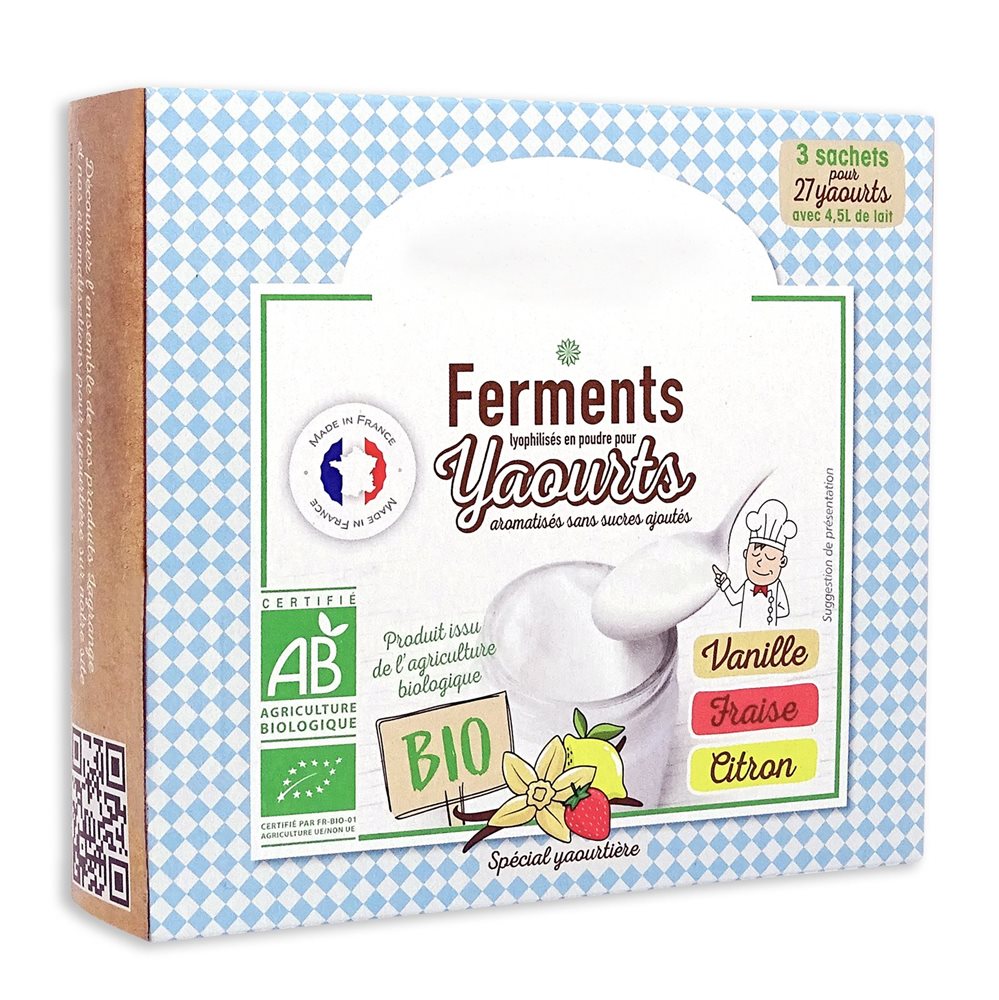 Ferments lyophilisés bio pour yaourts maison 3 parfums vanille